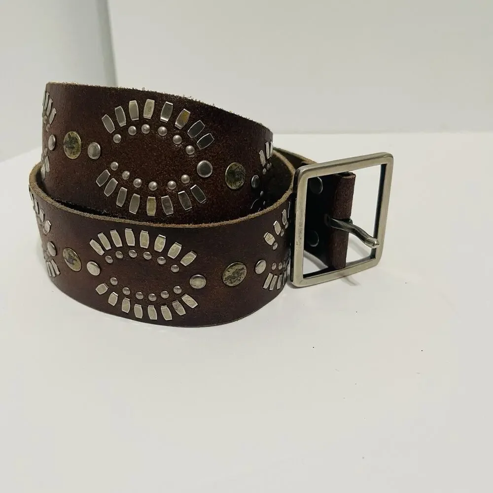 Hollister Belt Womens Large Genuine Leather Brown Silver Studded Boho Festival